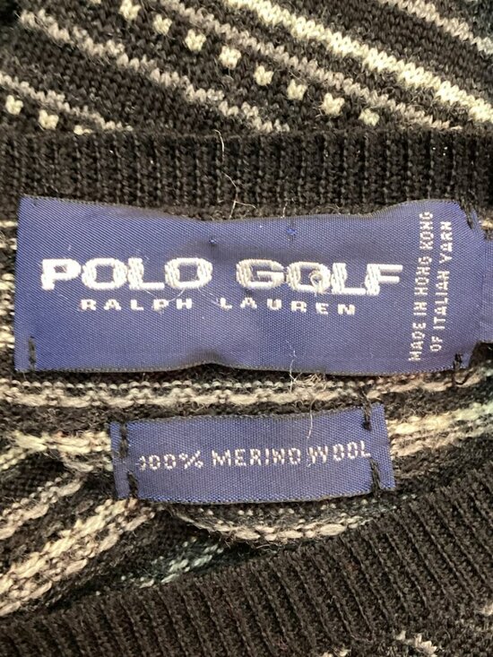 Polo Golf Ralph Lauren Mens Black & White Merino Wool Sweater L Striped Pattern - Picture 7 of 9
